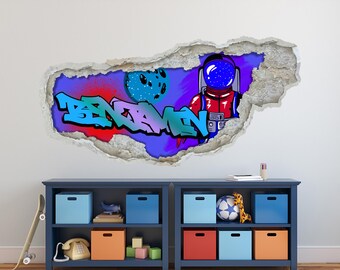 Custom Graffiti Wall Sticker with Name - Astronaut Wall Art for Kids & Teens, Space-Themed Wall Decor, Urban Graffiti Wall Mural