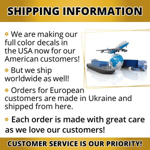Pode incluir: Ilustra&ccedil;&atilde;o de um avi&atilde;o, um navio de carga e um caminh&atilde;o entregando mercadorias em todo o mundo. O texto diz: "Estamos fazendo nossos adesivos coloridos em cores completas nos Estados Unidos agora para nossos clientes americanos! Mas tamb&eacute;m enviamos para todo o mundo! Os pedidos dos clientes europeus s&atilde;o feitos na Ucr&acirc;nia e enviados de l&aacute;. Cada pedido &eacute; feito com muito cuidado porque amamos nossos clientes! O ATENDIMENTO AO CLIENTE &Eacute; NOSSA PRIORIDADE!"