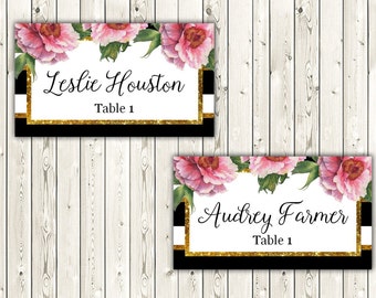 Place Cards DIY Place Card Printable Black and Gold Glitter | Etsy