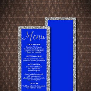 Modifiables couleur imprimable carte de Menu, Silver Glitter bleu Royal, 3.75x10 pouces, 8 x 10 pouces, téléchargement immédiat, MS Word modifiable