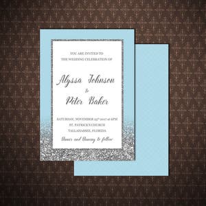 Wedding Invitation, Light Blue and Silver Printable Wedding Invitation, Digital Invitation, code-048-1
