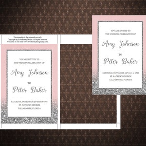 Pink Blush and Silver Wedding Invitation, Editable template, Silver Glitter, Printable template, Microsoft Word, Digital file, code-048