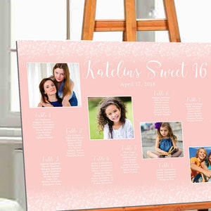 Seating Chart Sweet 16 Birthday, Festive Table Plan, Sweet Sixteen, Light Pink and sparkles, code-064