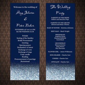 May include: Elegant navy blue wedding program with silver glitter accents. Features the names Amy Johnson and Peter Baker, along with the wedding date and schedule. The right panel lists the wedding party members.