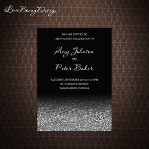 Black Silver Invitation Printable, Silver Glitter, Birthday Party, Wedding Invitation, MS Word, code 048-8