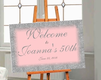 Welcome Sign, Pink and Silver Glitter Sign, Digital Wedding Sign, Welcome To, 11x14, 16x20, 18x24, 20x30, 24x30 inches, code-048