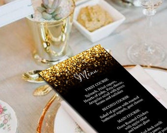 Black and Gold Glitter Wedding Menu Card templates, Dinner Party Menu, DIY Menu Card, Instant download, Printable wedding menu, code-024-1