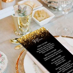 Black and Gold Glitter Wedding Menu Card templates, Dinner Party Menu, DIY Menu Card, Instant download, Printable wedding menu, code-024-1