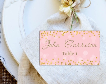 Pink and Gold Confetti Place Cards, DIY Place Card Printable, Pink and Gold Wedding Place Card, code-041