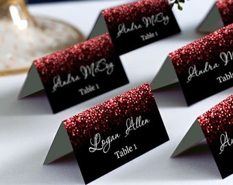 Red Sparkle and Black Wedding Place Card, Place Cards, DIY Place Card Printable, code-037