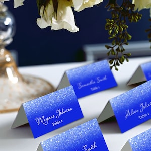Royal Blue and Silver Glitter Tent Wedding Place Cards, MS Word, doc, DIY Place Card Imprimable, code-034-5