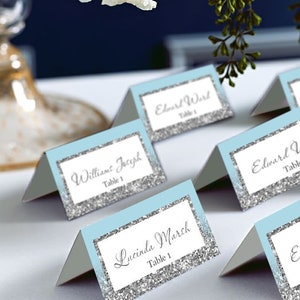 Light Blue and Silver, Blue Silver Place Cards, Silver Glitter Wedding PlaceCards, DIY Place Card Printable, code-048-1