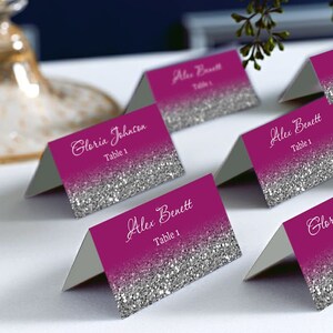Fuchsia Purple and Silver Place Cards Tents, Avery 5302 DIY Place Card Printable, code-048-5