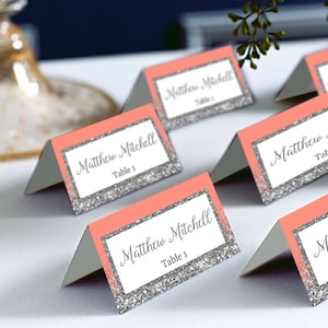 Coral and Silver Place Cards, Living Coral and Silver Glitter Wedding Place Cards, Avery 5302 DIY Place Card Printable, code-048-3