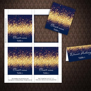 Gold Sparkle and Navy Wedding Place Card Tents, Place Cards, Avery® 5302 DIY Place Card Printable, code-024-2 image 2