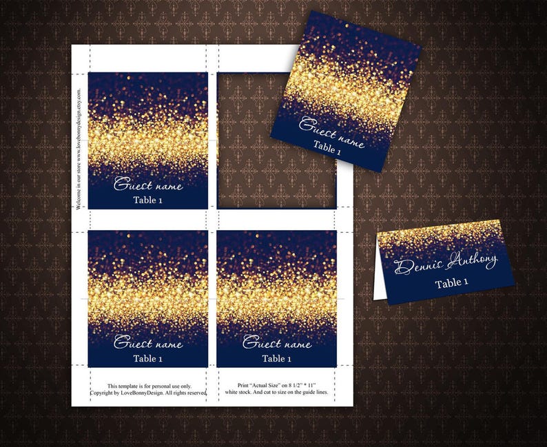 Gold Sparkle and Navy Wedding Place Card Tents, Place Cards, Avery® 5302 DIY Place Card Printable, code-024-2 image 2