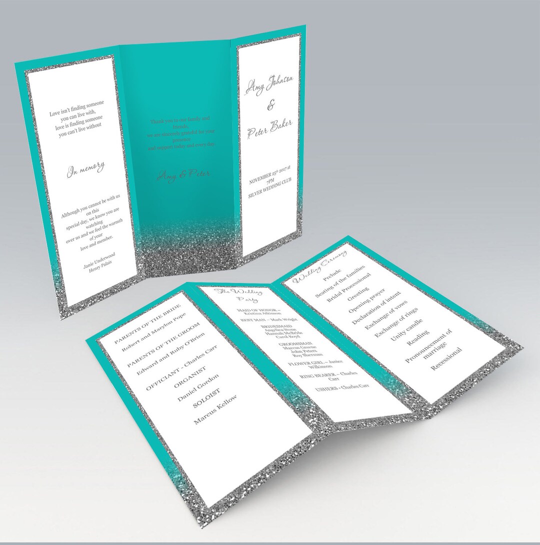 Tri-fold Wedding Program Templates, Turquoise Blue Wedding Program ...