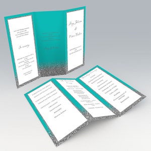 Dreifaltige Hochzeits-Programmvorlagen, Türkisblaues Hochzeits-Programm, Sofort-Download, druckbares Hochzeits-Programm, Code-048-2