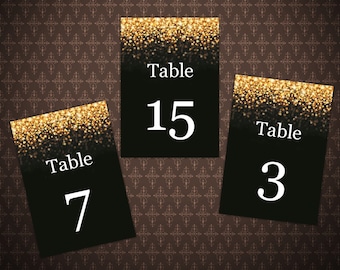 Black and Gold Glitter Wedding Table Numbers Cards, Tabellennummer,  Editable Table Numbers, 1-32 tables, Digital File, code-024-1