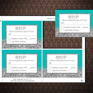 Plantilla de tarjeta RSVP de boda azul turquesa y plata, tarjetas de respuesta de boda, texto editable, Microsoft Word, descarga de instand, código-048-2