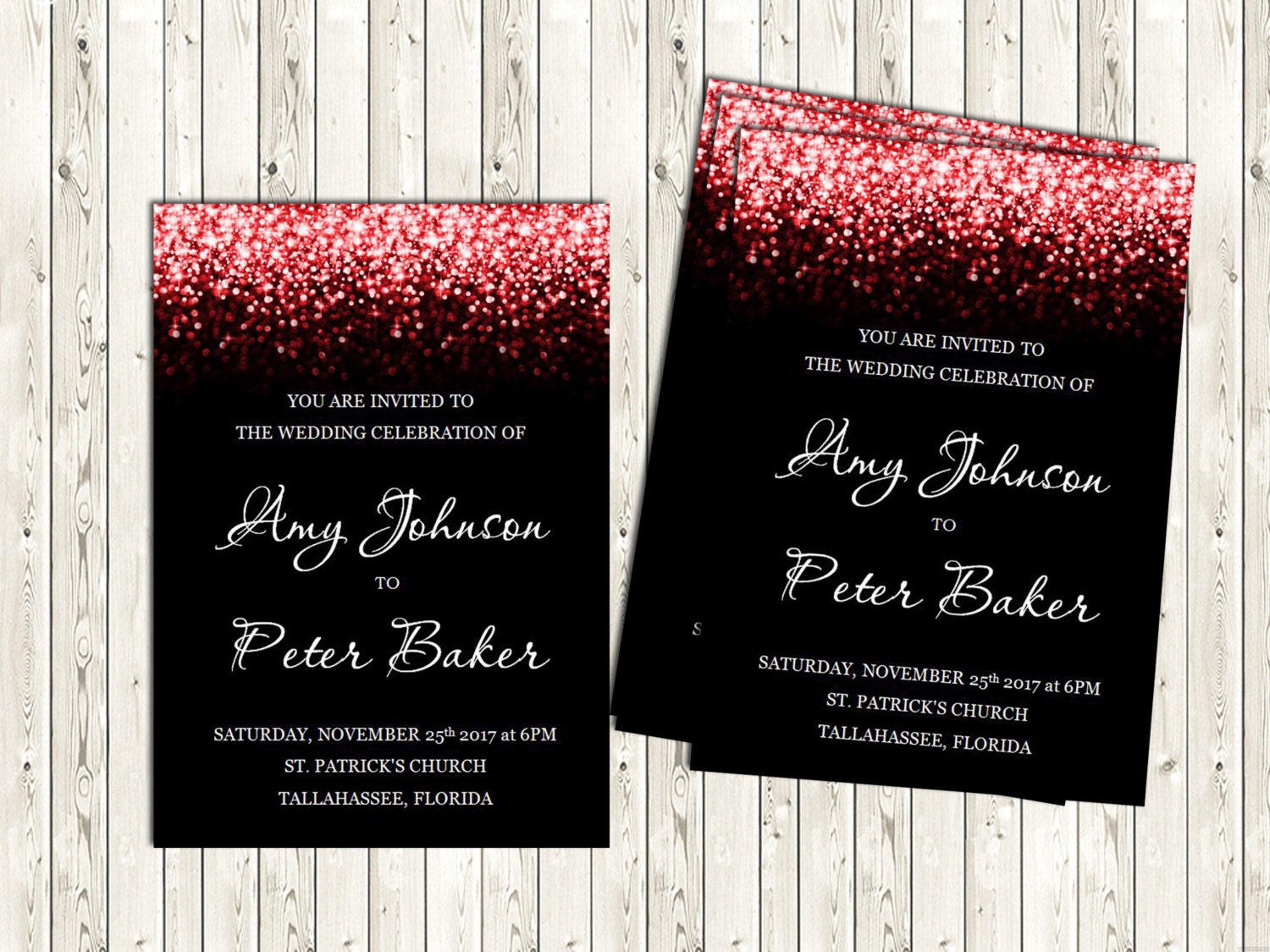 Red Glitter Wedding Invitation Black and Red Printable Etsy