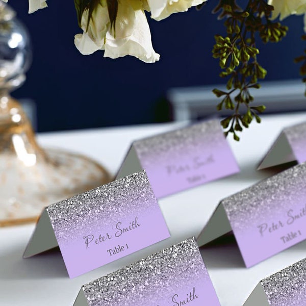 Lavender Light Purple Silver Place Cards Tents, Place Cards,  DIY Place Card Printable, code 048-7