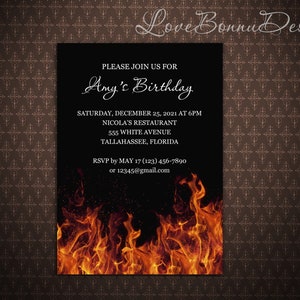 May include: A black and white invitation with a fiery orange and yellow background. The invitation is for Amy's birthday party on December 25, 2021 at 6 PM at Nicola's Restaurant, 555 White Avenue, Tallahassee, Florida. RSVP by 17 May, (123) 456-7890 or 12345@gmail.com.