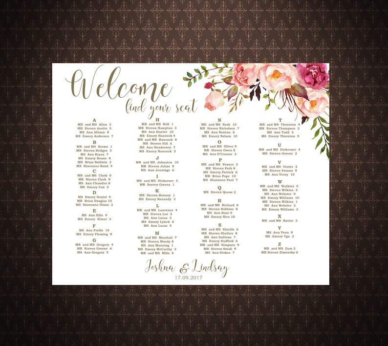 code-052 I Create and You Print Wedding Seating Chart Floral Decor Alphabetical order By Table