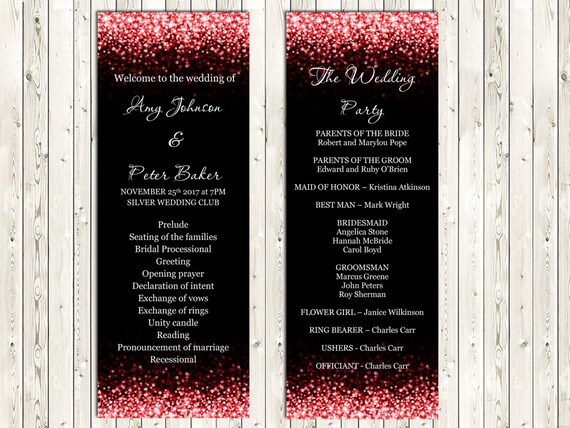 Red Sparkle And Black Wedding Program Templates Red Glitter Etsy