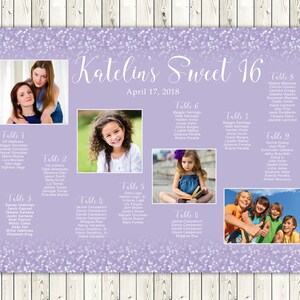 Seating Chart Sweet 16 Birthday, Lilac Mist Table Plan, Sweet Sixteen, Purple and Silver Sparkle, code-064