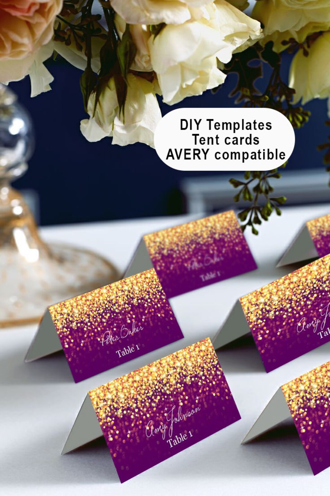Gold and Purple Place Cards Tents, Microsoft Word, Avery 5302, DIY Place Cards Printable, Code