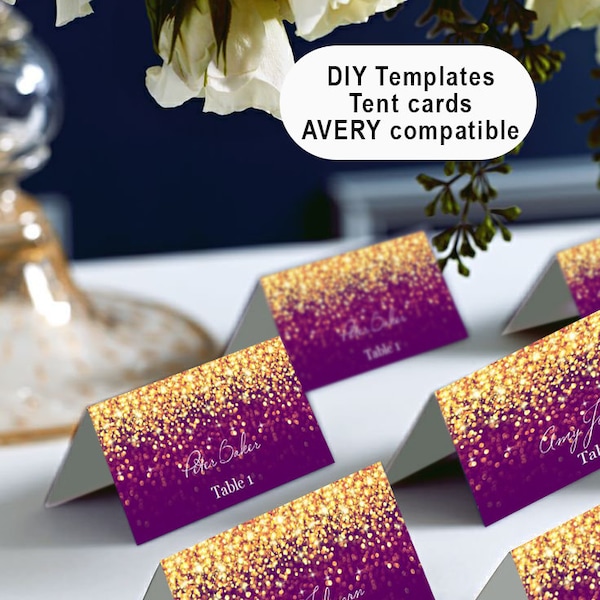 Tentes gold and purple place cards, Microsoft Word, Avery 5302, DIY Place Cards Imprimables, code-069-1