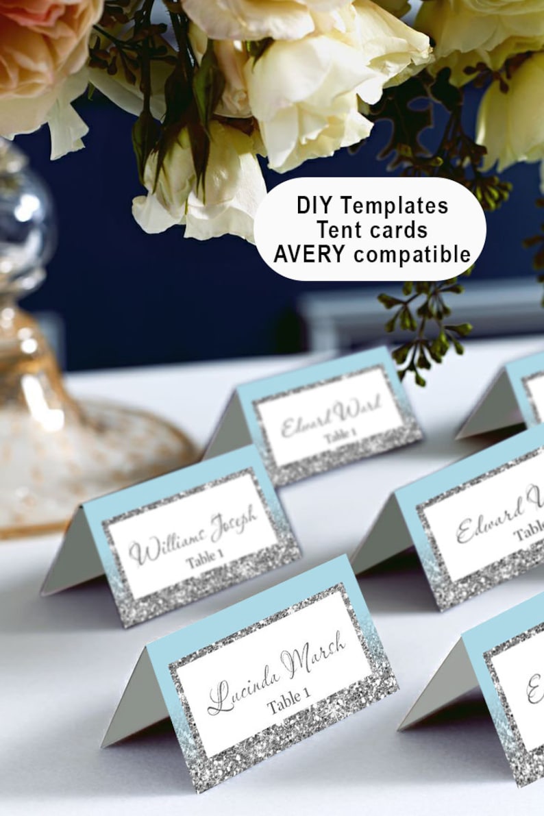 DIY Place Card Printable Light Blue and Silver Silver Glitter Wedding PlaceCards Blue Silver Place Cards code-048-1