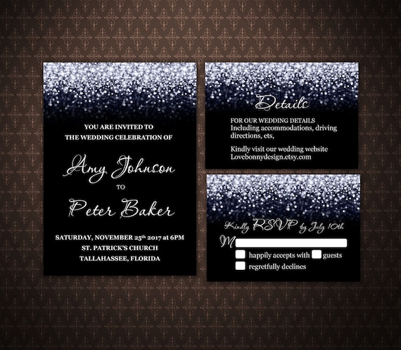 Schwarz Und Silberhochzeit Einladung Set Silber Glitter Etsy