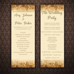 May include: A wedding program with a gold glitter background. The program lists the order of events for the wedding ceremony and the names of the wedding party members. The wedding is for Amy Johnson and Peter Baker.