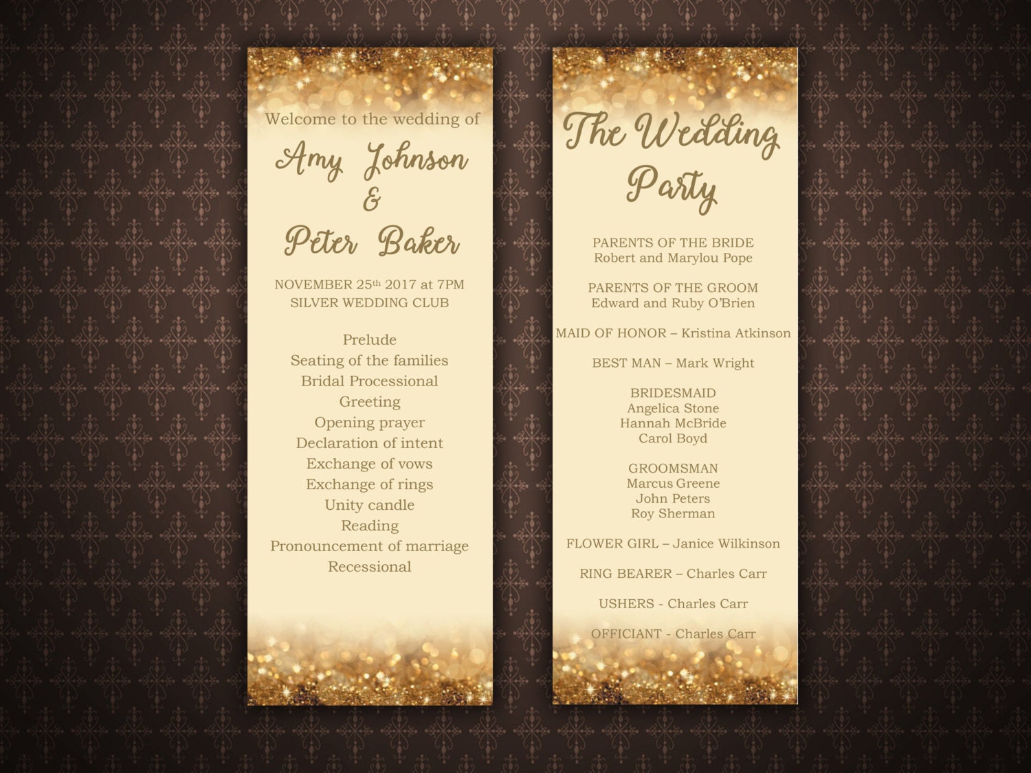 Gold Glitter Wedding Program Template Editable Text
