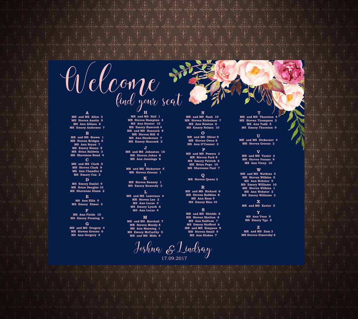 Wedding Seating Chart Alphabetical Order Table Order Navy Etsy