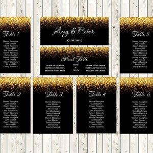 Tabla de asientos de boda negra y dorada imprimible, tarjetas de asientos de bricolaje, plan de asientos editable, código-024-1