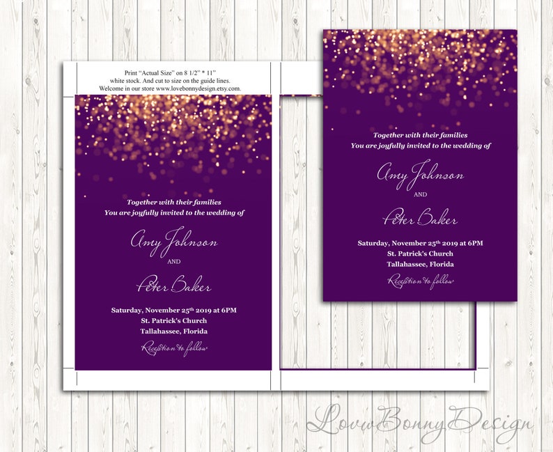 Purple and Gold Wedding Invitation Printable 5x7 Inches Etsy