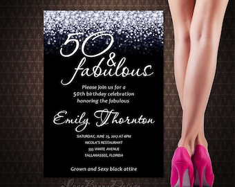 50th Birthday Invitation, 50 and Fabulous Invitation Black and Silver Sparkle, Digital Invitation, Instant download, code-024-3