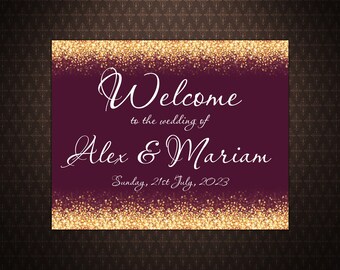 Wedding Sign, Gold Glitter and Burgundy, Digital Wedding Sign, Welcome Sign, 8x10, 16x20, 18x24, 20x30, 24x30 inches, code-024-5