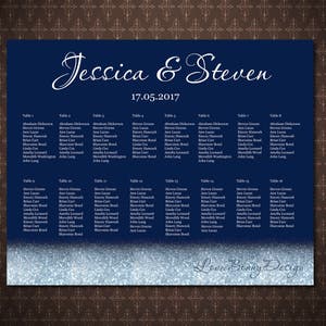 Bruiloft zitplaatsen grafiek poster, Navy Silver Sparkles, aangepaste bruiloft zitplaatsen grafiek, alfabetische volgorde, tabelvolgorde, code-034