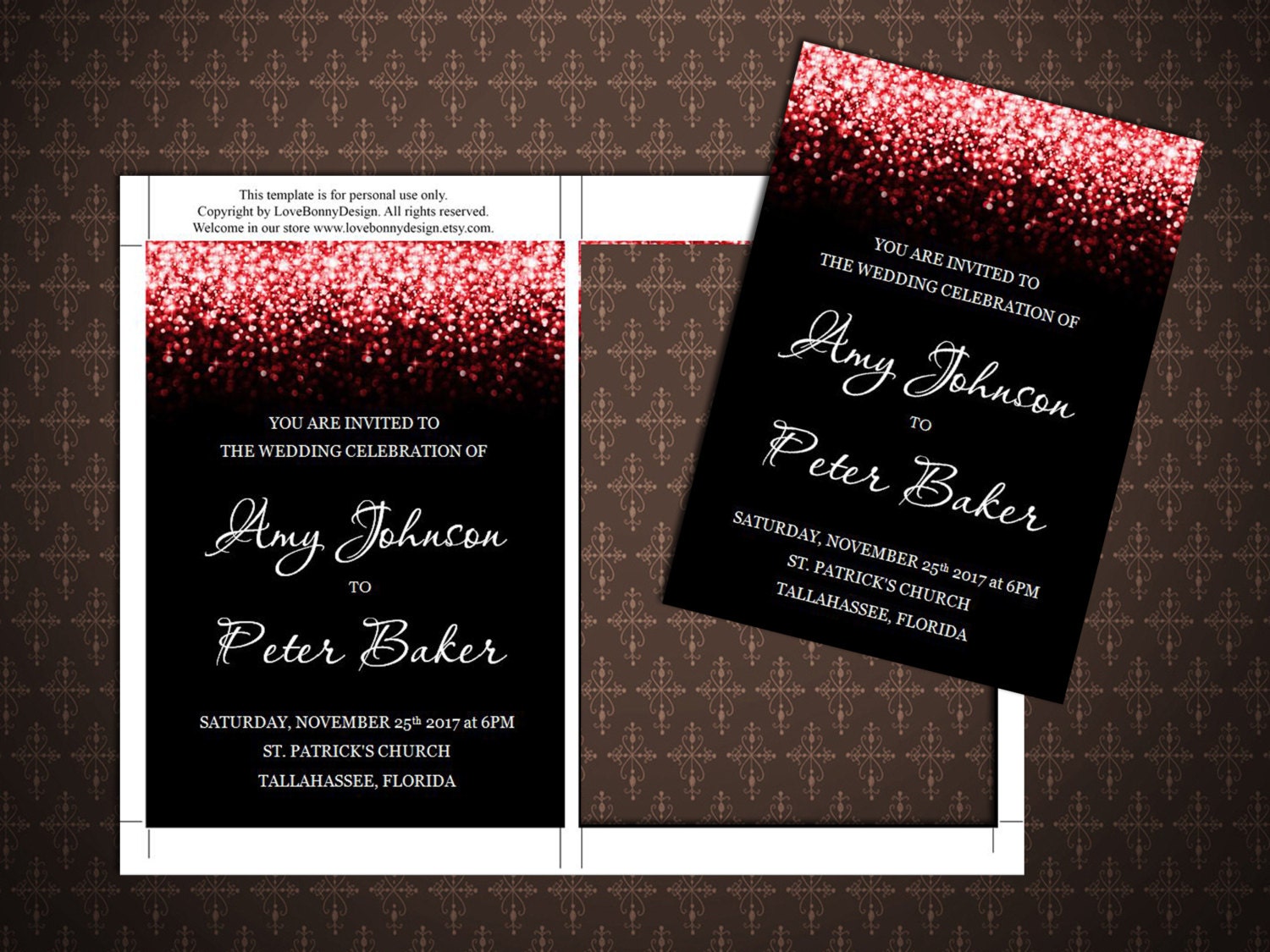 Red Glitter Wedding Invitation Black and Red Printable | Etsy