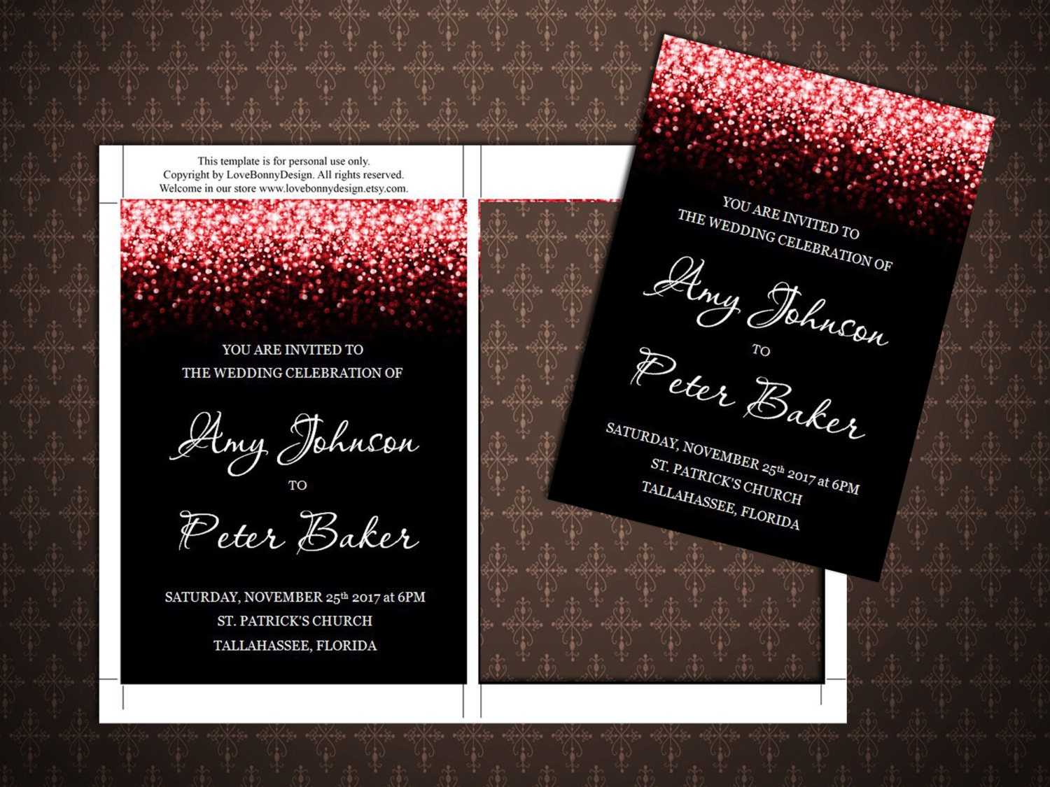 Red Glitter Wedding Invitation Black And Red Printable Etsy