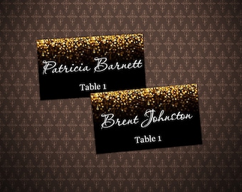 Place Cards, DIY Place Card Printable, Black and Gold Glitter Wedding Place Card, code-024-1