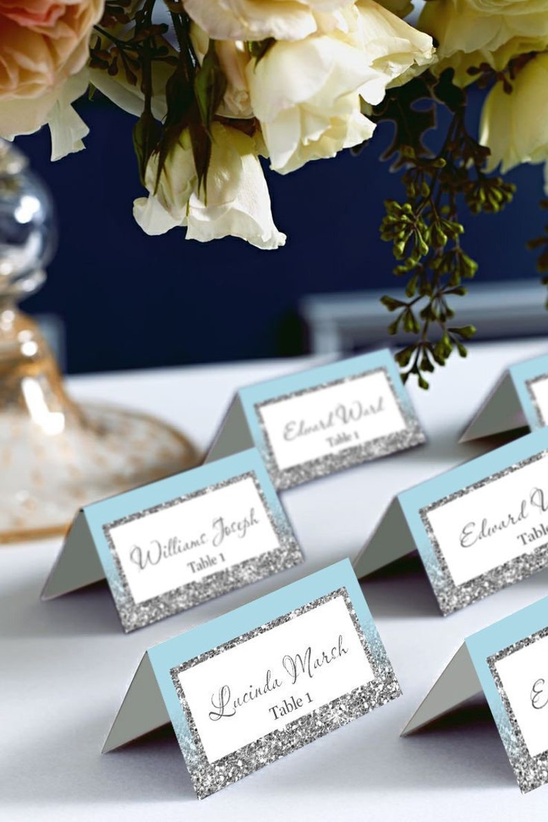 DIY Place Card Printable Light Blue and Silver Silver Glitter Wedding PlaceCards Blue Silver Place Cards code-048-1
