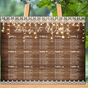 Country Rustieke bruiloft zitplaatsen grafiek poster, aangepaste houten bruiloft zitplaatsen grafiek, alfabetische volgorde, tafelvolgorde, code-039
