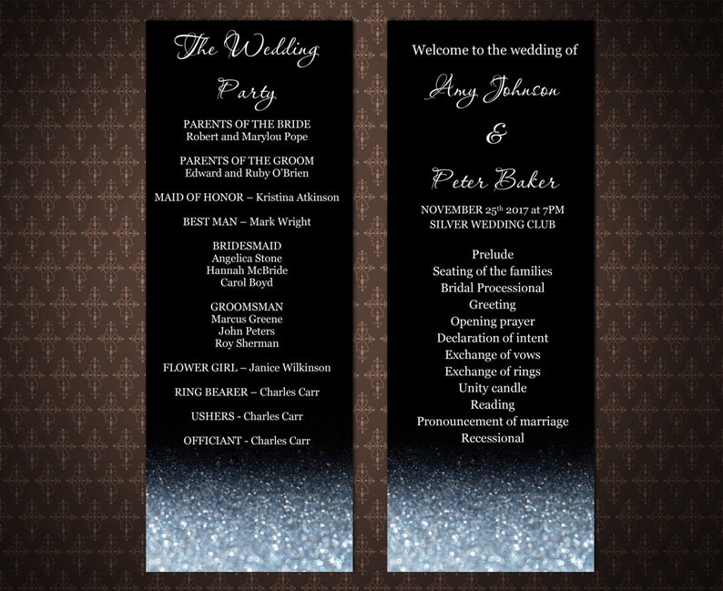 Black and Silver Glitter Sparkles, Silver and Black DIY Printable Wedding Program, Instant download, Editable wedding program, code 034-1 image 1