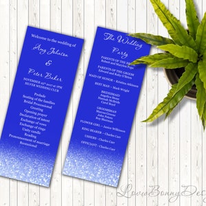 May include: A blue wedding program with white text. The program lists the order of events for the wedding ceremony and the wedding party. The text includes the names of the bride and groom, Amy Johnson and Peter Baker, and the date of the wedding, November 25, 2017.