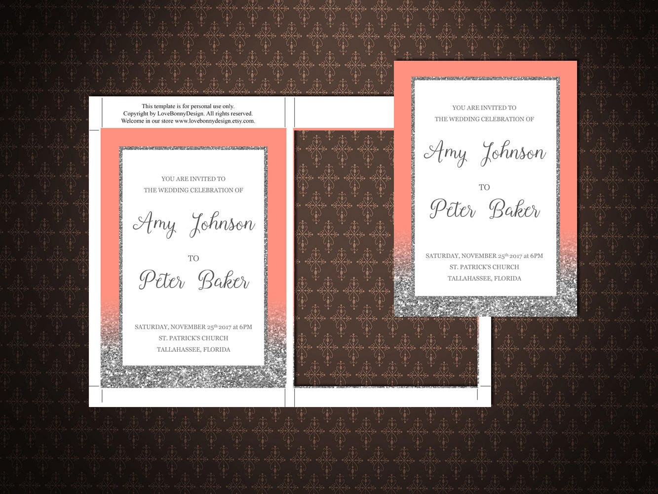 Wedding Invitation Set Printable Coral and Silver Wedding - Etsy